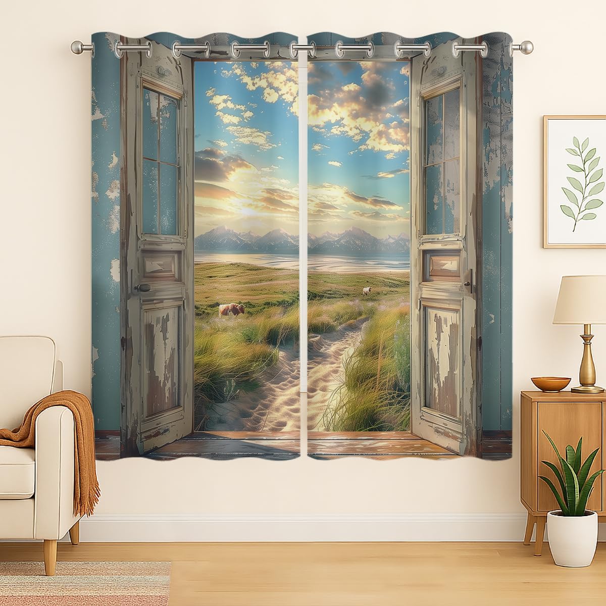 Landscape Blackout Curtains for Girls Boys Home Decor, Cow Sunset Grassland Mountain Natural Scenery Grommet Thermal Insulated Drapes Darkening Window Curtain for Bedroom Living Room, 72 x 63 Inch