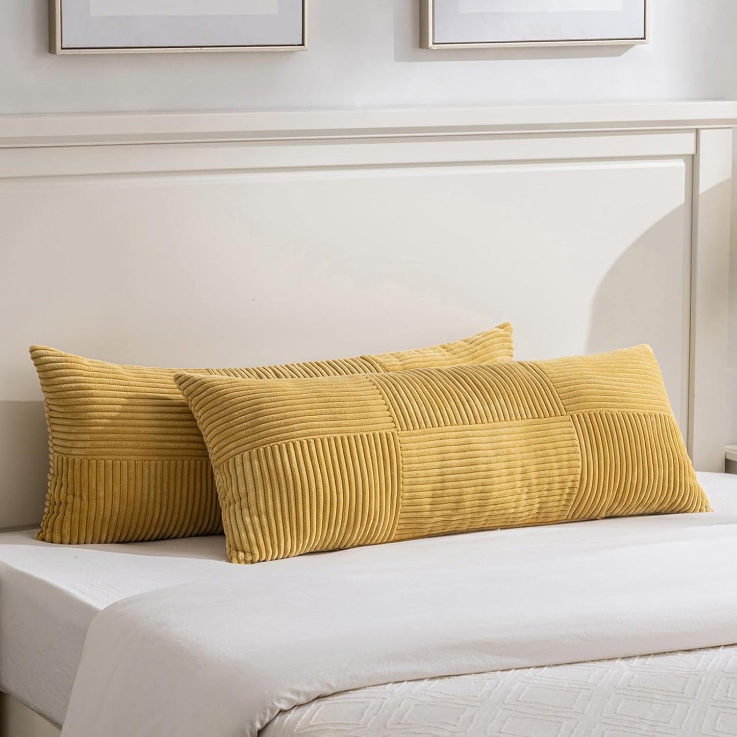 Fancy Homi Set of 2 Mustard Yellow Boho Long Lumbar Body Decorative Throw Pillow Cover 14x36 Inch for Bed Couch Bedroom Bench, Soft Patchwork Corduroy Pillow Case, Rustic Farmhouse Room Décor