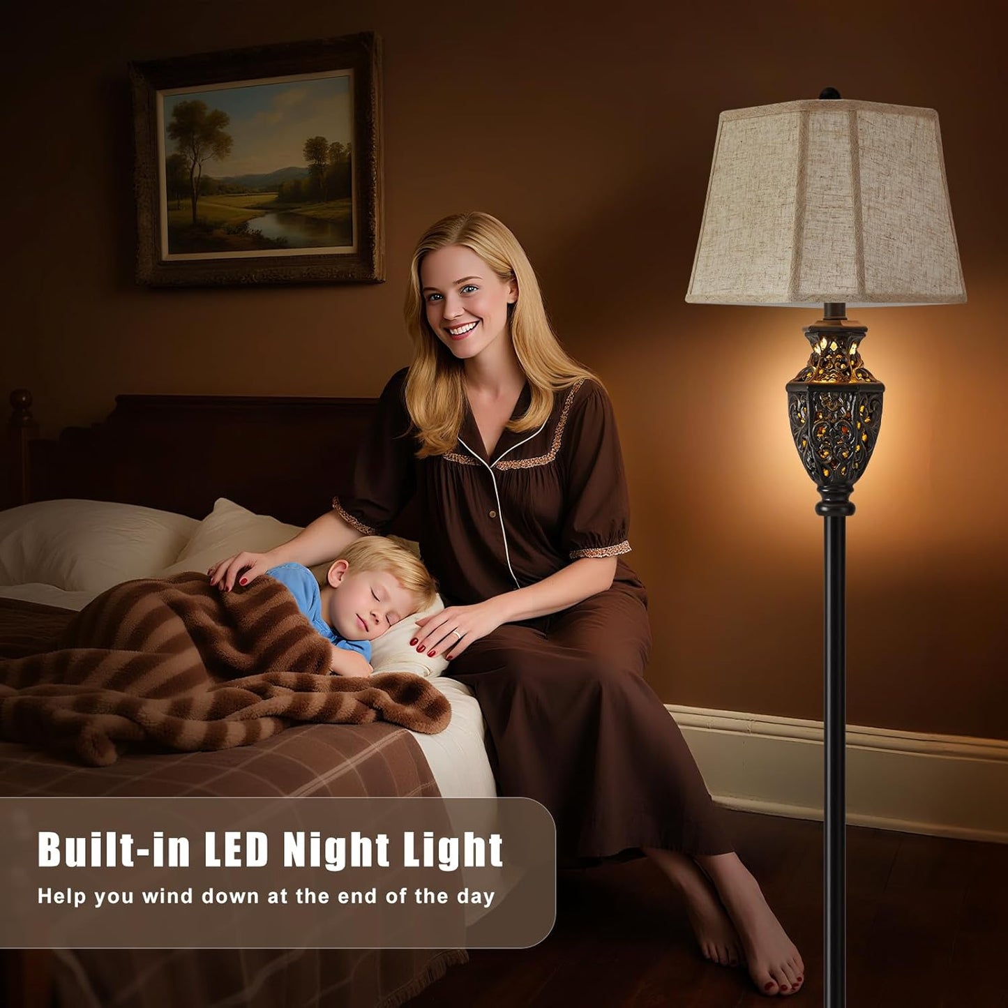 Luvkczc Vintage Black Floor Lamp - Hand-Painted Gold Resin with 6-Sided Carved Hollow Nightlight, Traditional Standing Lamp for Living Room, Bedroom, Study (Bulb Included)