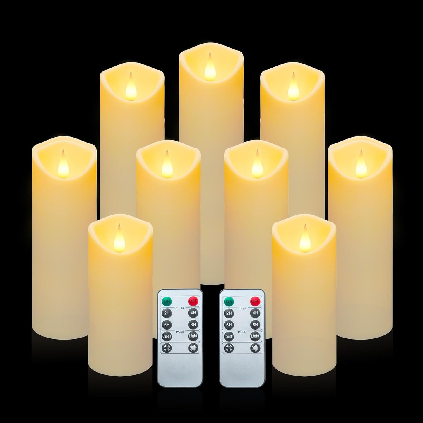 Aignis 9pcs Flameless LED Candles Battery Operated with 10-Key Remote & Timer, Indoor Heat Resistant, 3D Wick with Warm Flickering Glow for Cozy Home/Wedding/Holiday Décor (D 2.2" x H 5"/6"/7")