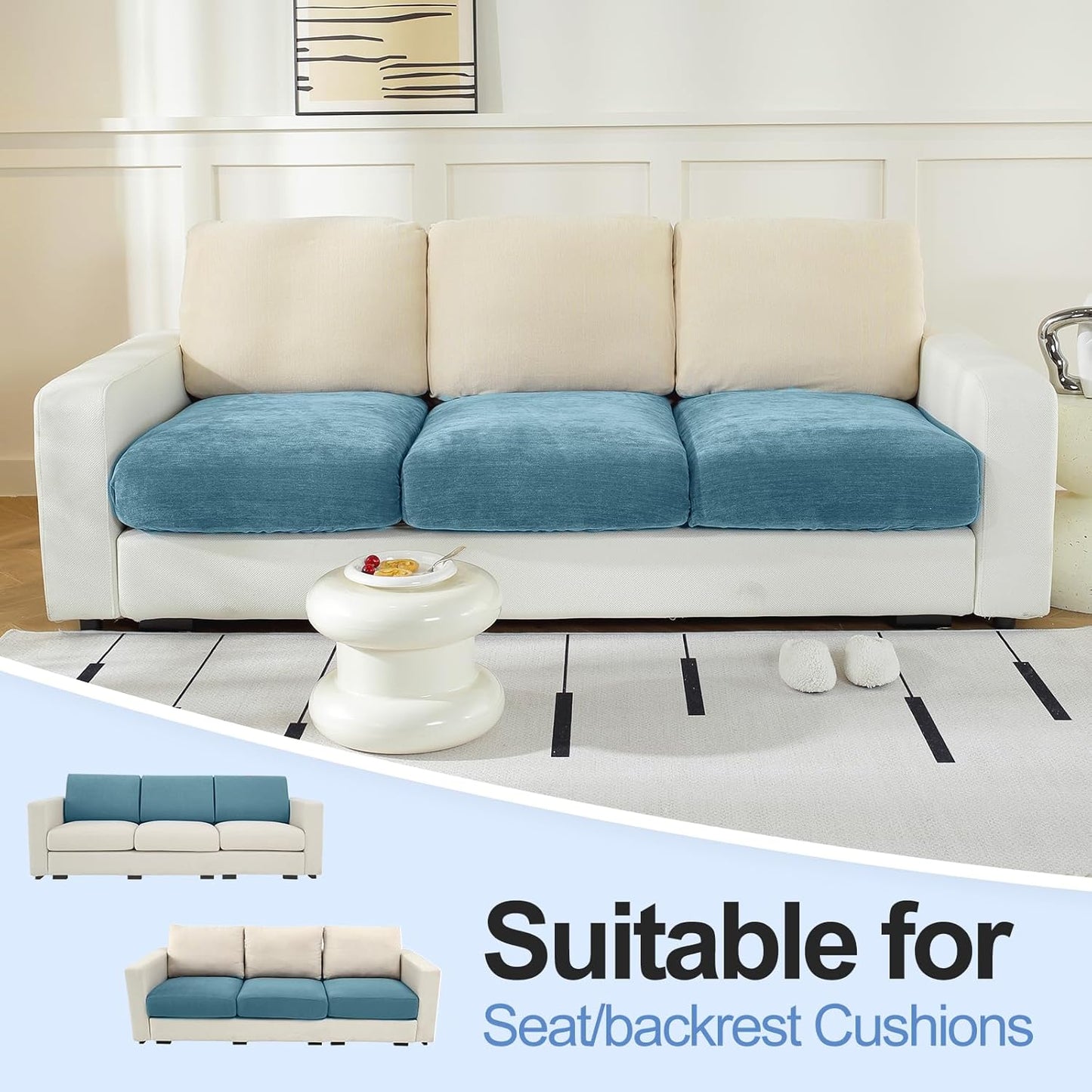 Couch Cushion Covers Individual Large Super Stretch Chenille (Softer Version) Sofa Cushion Covers, Couch Seat Covers Couch Slipcovers Furniture Protector (3PC, Blue)