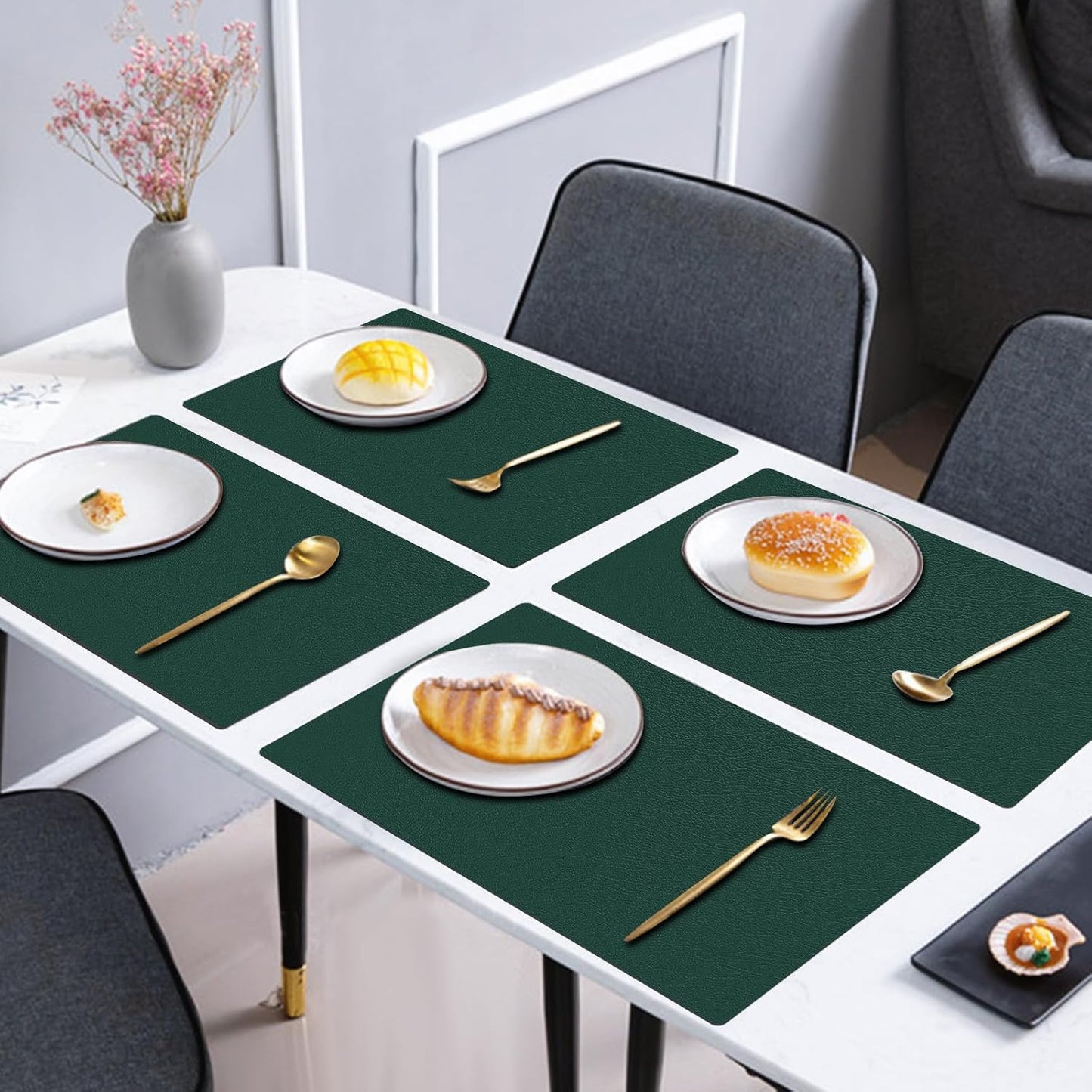 Placemats and Coasters Set of 6, Waterproof、Oil-Proof Wipeable、Anti Slip PVC Leather Place Mats, Heat Resistant Reversible Table Mats for Kitchen, Dining, Outdoor 17’’×12’’, (Dark Green)