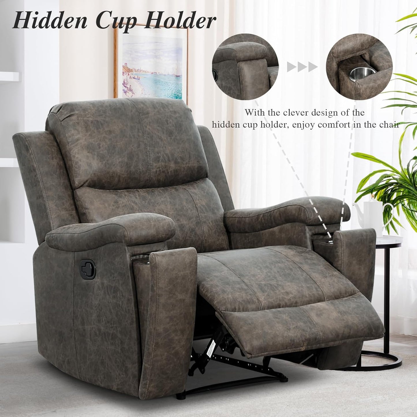 EBELLO Grey Recliner Chair, Single Overstuffed Sofa Recliners, Breathable Faux Leather Manual Reclining Chairs with Hidden Cup Holder, Arm and Back for Adults, Living Room, Bedroom, Grey