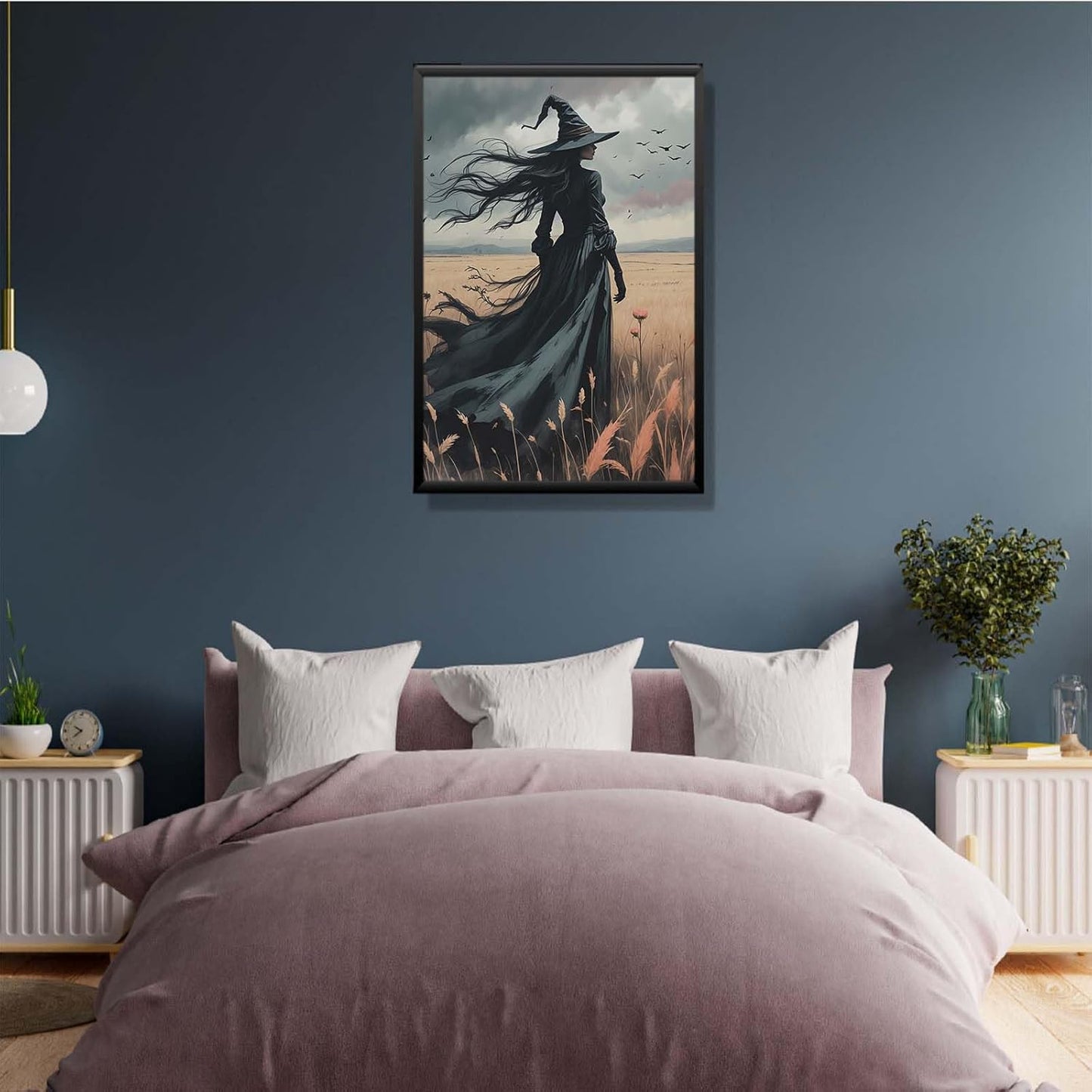 JFHCQJPK Gothic Decor Canvas Wall Art Witch in Rice Field Halloween Art Decor Print Nature Print Victorian Home Bedroom8x12in Metal blackFramed