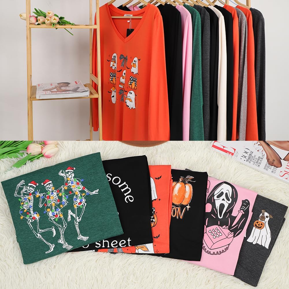 Tobrief Women's Long Sleeve V-Neck Shirts Fall Graphic Tees Loose Casual T-Shirt