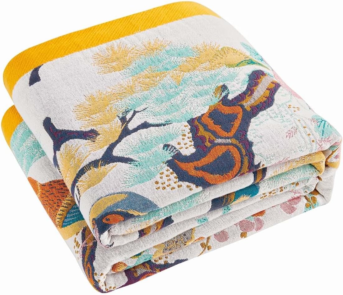 Fall Throw Blanket for Couch, Yellow Boho Decorative Throw Blanket, 100% Cotton Muslin Breathable Woven Farmhouse Blankets Quilt, 90"x98" Reversible Lightweight Blankets Bohemian Throw Quilt