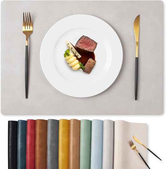 MOSAYT Vinyl Placemats Set of 6-12 X 17 Inch - Faux Leather 100% Waterproof Oil-Proof Wipeable PU Place Mats, Heat Resistant Reversible Table Mats for Kitchen, Dining, Outdoor (Light Grey)