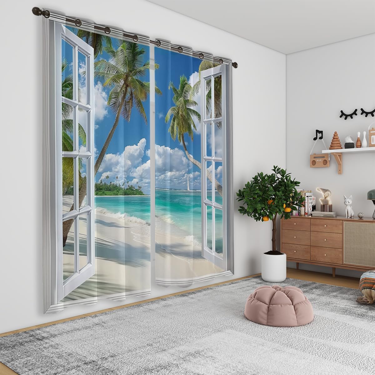 Beach Blackout Curtains for Girls Boys Teens Home Decor, Tropical Summer Scene Ocean Island Palm Tree Grommet Thermal Insulated Drapes Darkening Window Curtain for Bedroom Living Room, 84 x 84 Inch