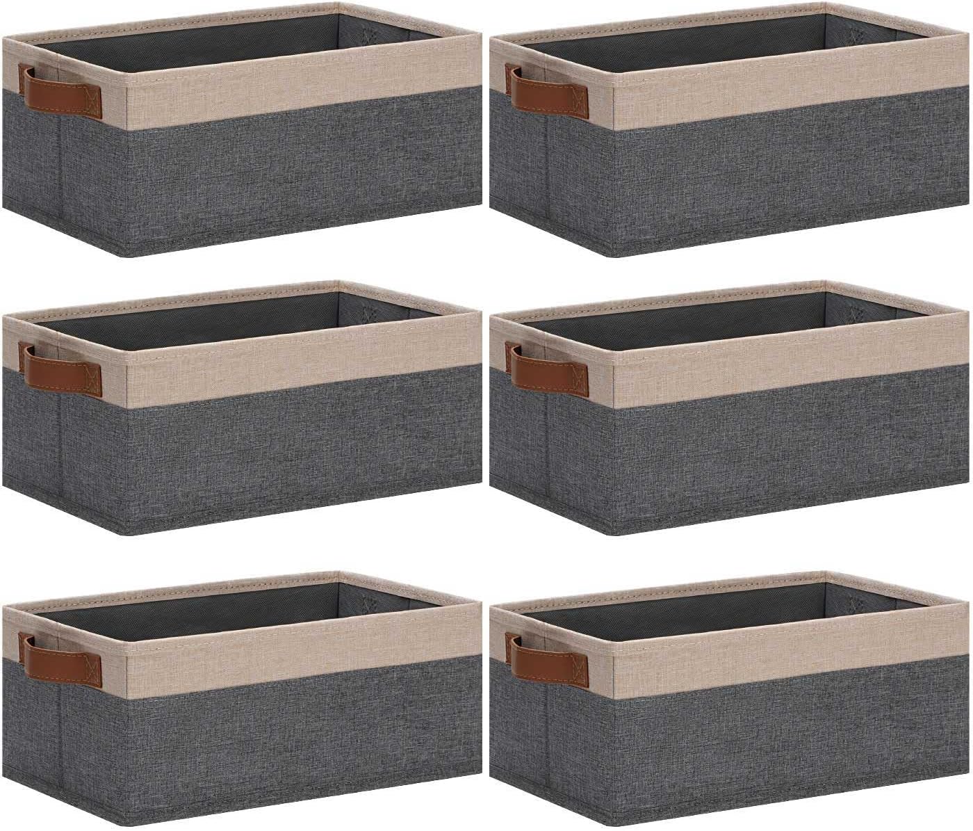 GhvyenntteS Small Fabric Storage Bins 6 Pack, 11.8" x 7.87" x 5.11" Storage Basket with Leather Handles, Closet Storage Bins for Shelves, Storage Baskets for Shelves, DVD Storage (Grey/Beige Yellow)