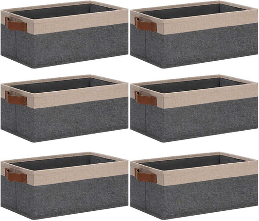 GhvyenntteS Small Fabric Storage Bins 6 Pack, 11.8" x 7.87" x 5.11" Storage Basket with Leather Handles, Closet Storage Bins for Shelves, Storage Baskets for Shelves, DVD Storage (Grey/Beige Yellow)
