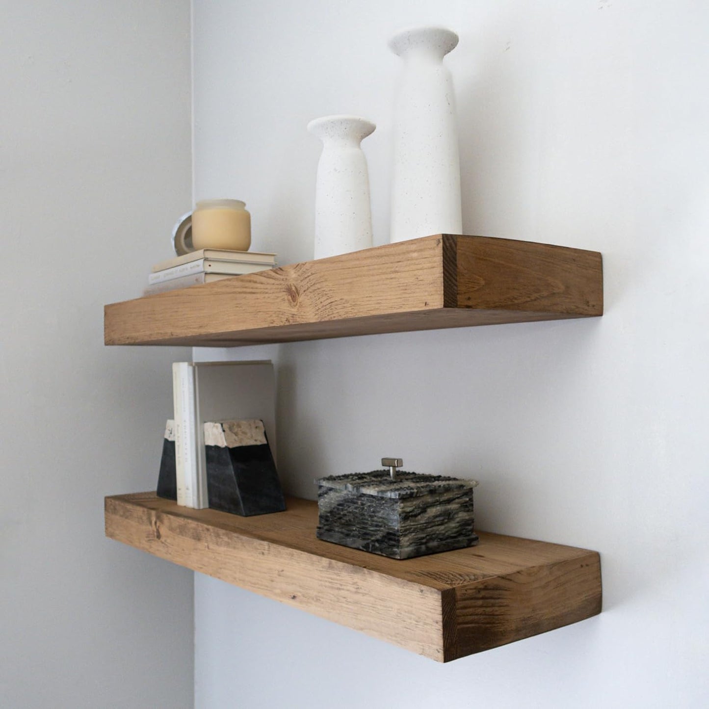 Modern Floating Shelves 3 Inches Thick for Wall, Wide Shelves for Kitchen, Living Room, Bedroom, and Bathroom, Natural Pine Wood, Rustic Wooden Shelf, (Set of 2) (Aged Oak, 48Lx3Hx6D)