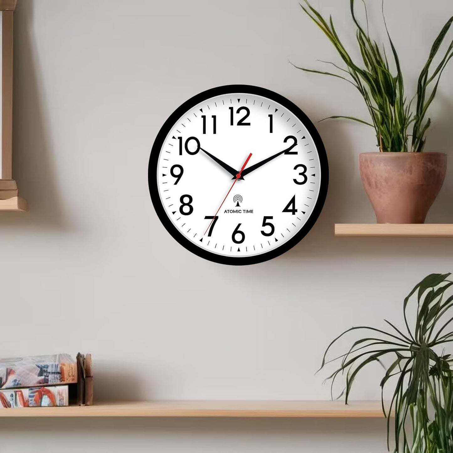 Atomic Wall Clock Analog 12 Inch Battery Operated Modern Decorative for Living Room Kitchen Office Bedroom Bathroom(Black)
