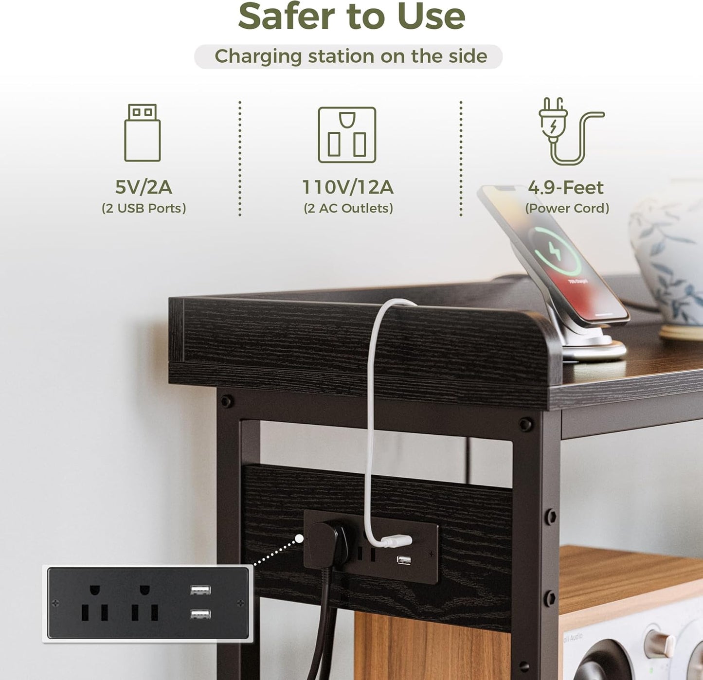 IRONCK Console Table, Sofa Table with Power Outlet, Farmhouse Hallway Table for Entryway, Living Room, Height Adjustable, Easy Assembly, Vintage Black, 43"