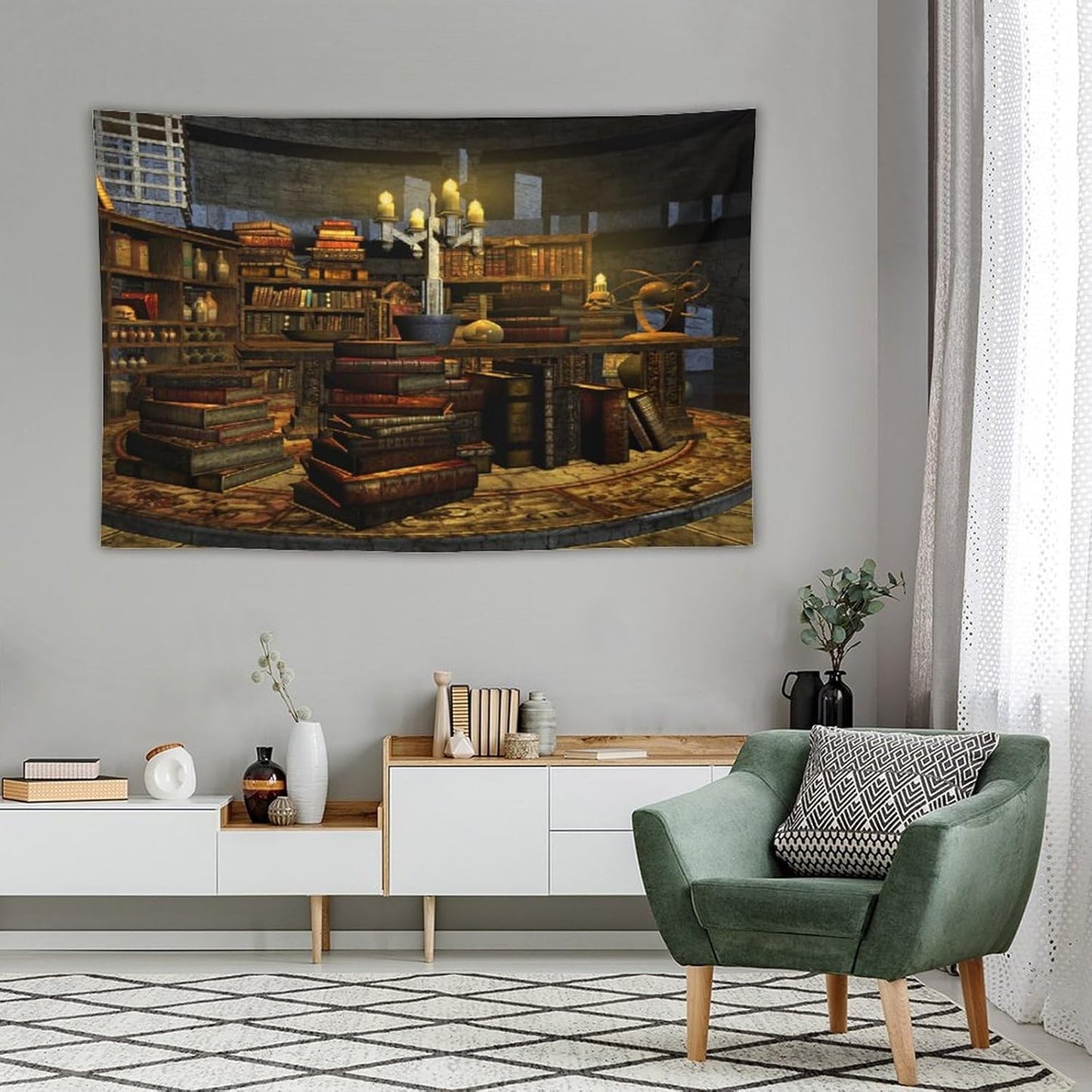 Kurtect Library Tapestry,Vintage Medieval Bookshelf Wooden Bookcase Antique Magic Art Tapestries for Party Beach Picnic Blankets Tablecloths Living Room Wall Deocr, 60x90 in