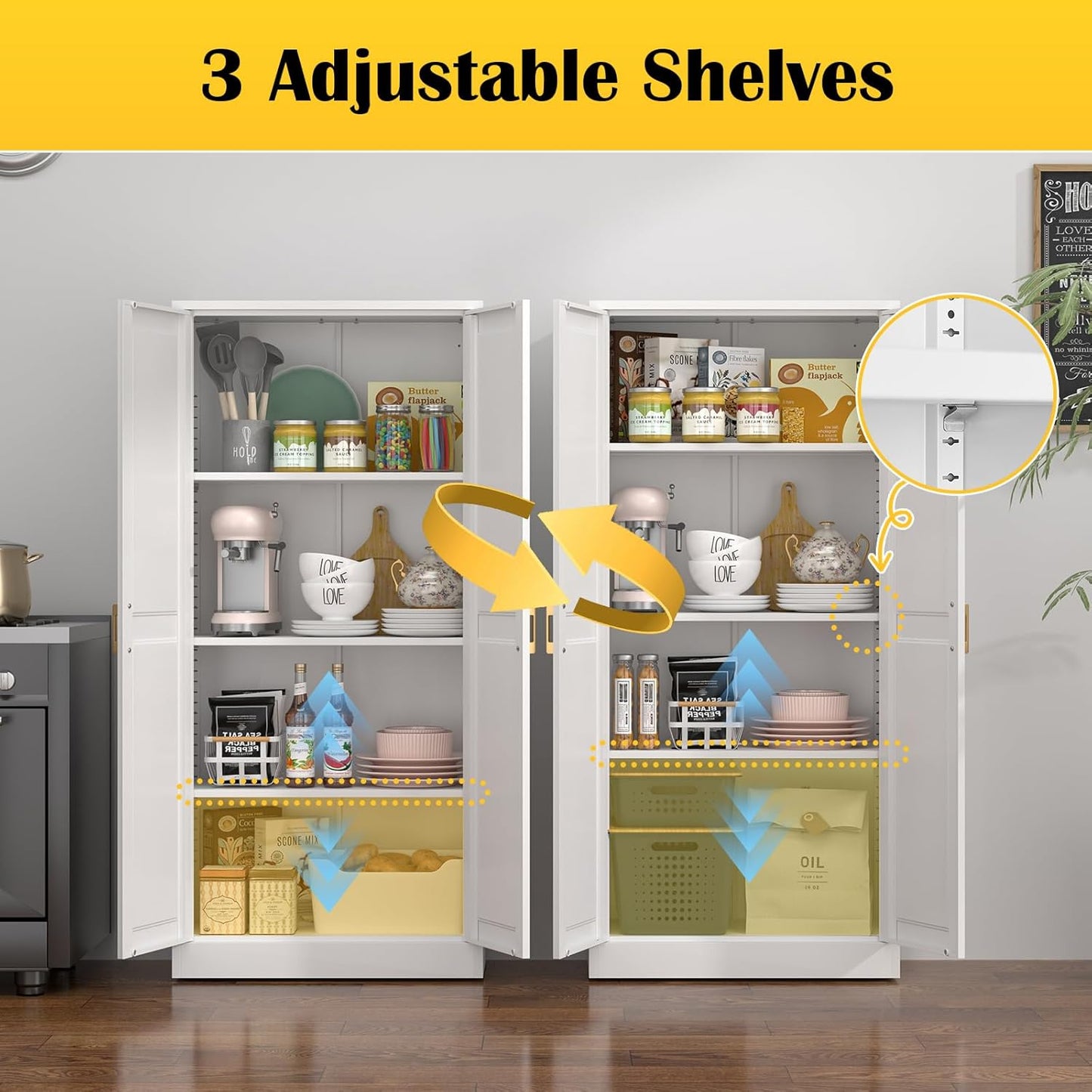 Kitchen Cabinet Storage,60”Metal Pantry Cabinet with Doors and 3 Adjustable Shelves,Food Pantry Cabinets with 2 Gold Handles,White Tall Storage Cabinet for Livingroom,Pantry,Bathroom,Kitchen