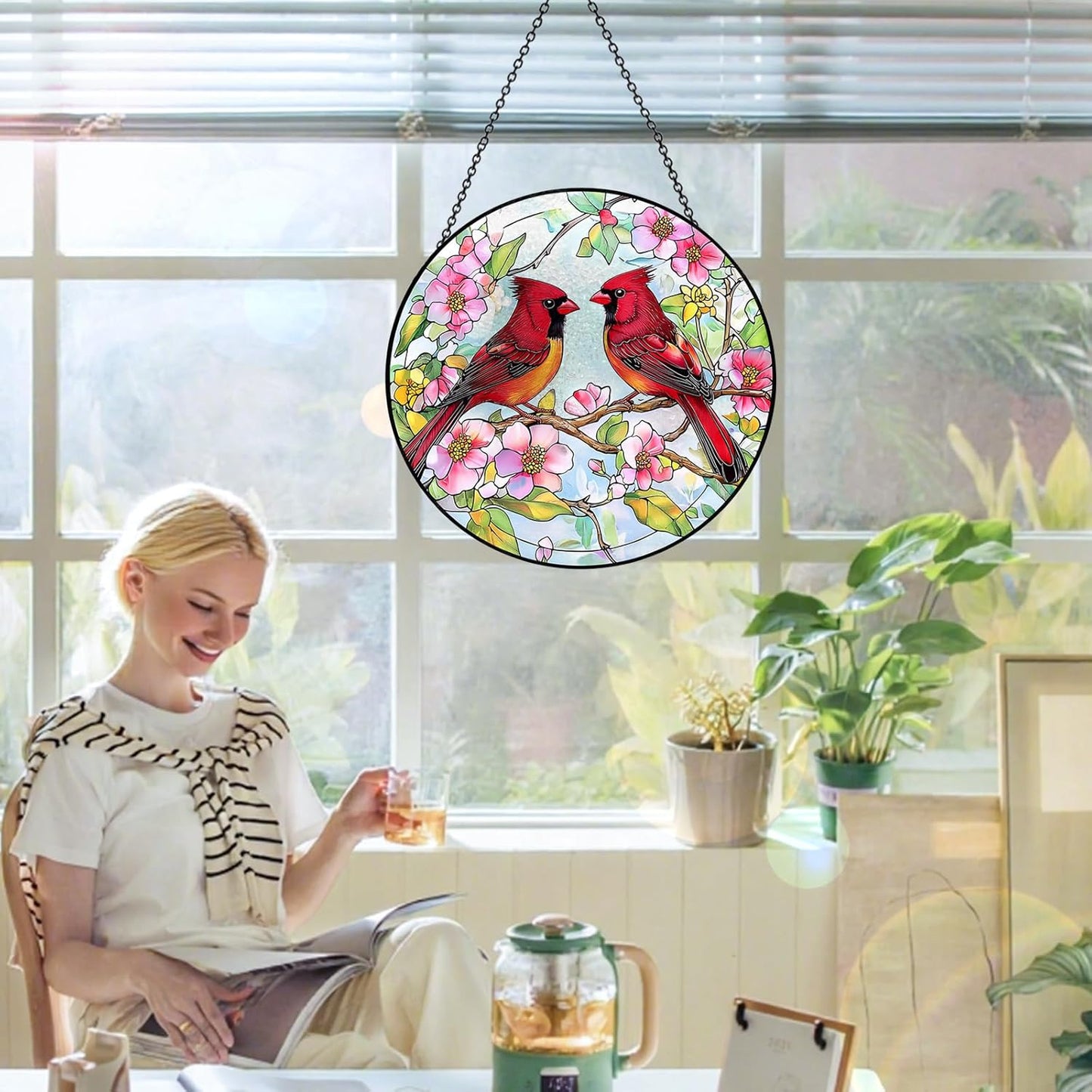 Stained Glass Window Hanging – Double-Sided Glass Sun Catcher with Chain – Memorial Window Art Panel for Home Décor, Spiritual Comfort, and All-Occasion Gifting