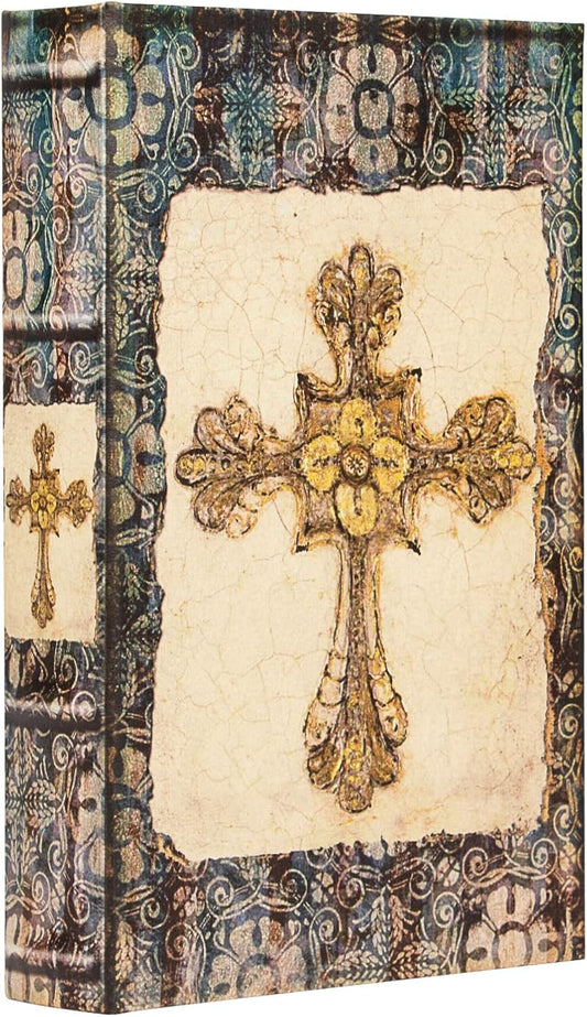 Vintage Style Wooden Decorative Book Box - Faux Leather, Christian Cross Pattern, Gift Idea