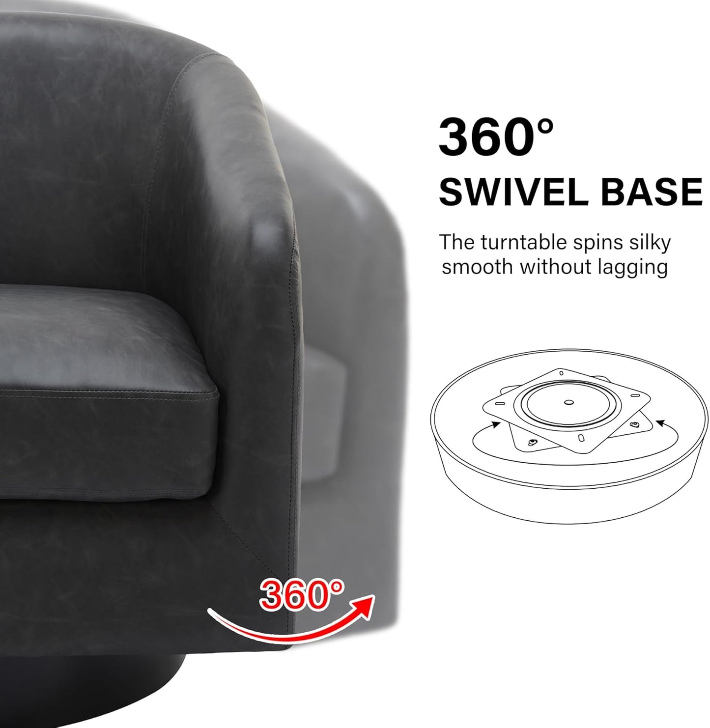 Swivel Barrel Accent Chair, Modern Round Faux Leather Arm Chair for Living Room, Bedroom, Comfy Club Reading Chairs for Adults(Faux Leather, Black Grey, Set of 1)
