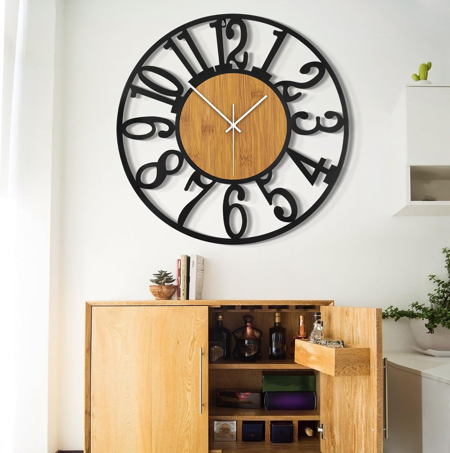 LEIKE 30" Oversized Large Wall Clocks,Silent,Non Ticking,Battery Operated Modern Round Big Wood Decorative Metal Wall Clock for Living Room, Bedroom,Kitchen,Farmhouse,Office Decor - Black,30 Inch