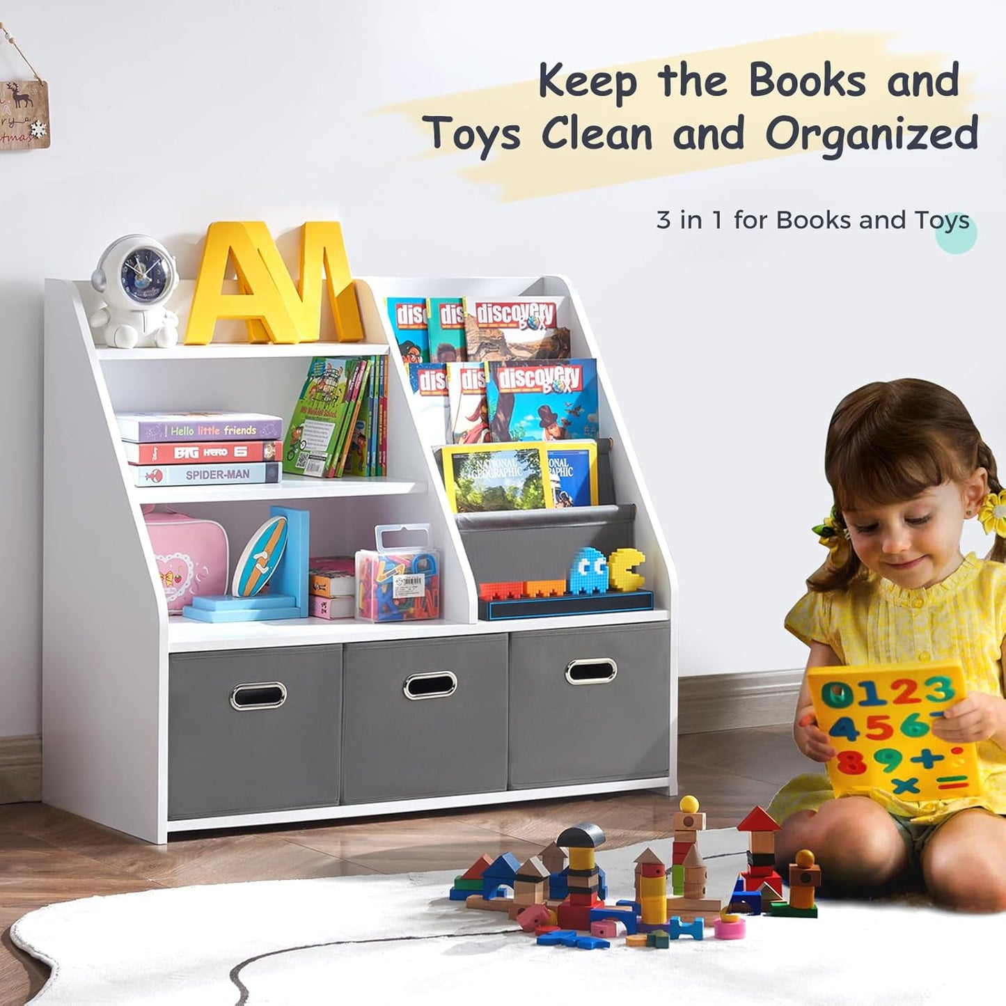 Kids Bookshelf, Kids Toy Storage Organizer with Storage Bins, Wooden Bookshelf and Book Display Shelf for Bedroom, Playroom, Nursery, Classroom, White