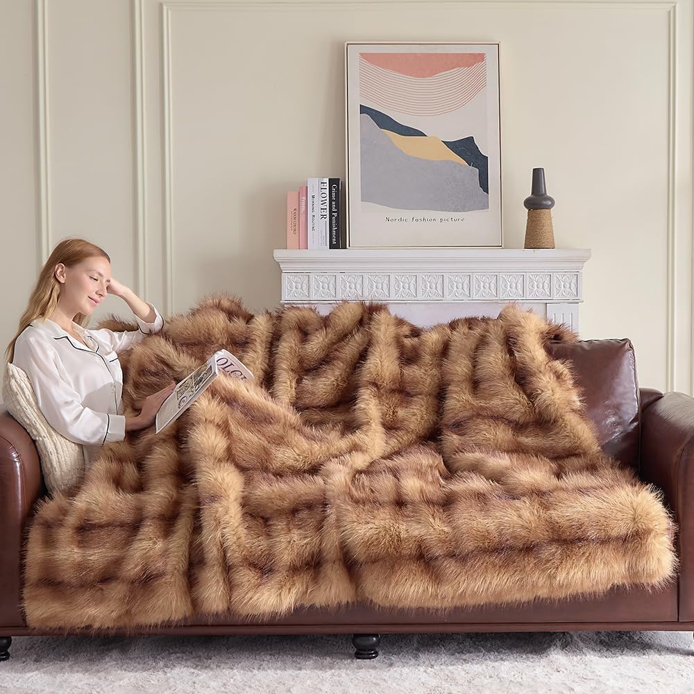 Fluffy Faux Fur Throw Blanket – Super Soft Warm Thick Plush Blanket for Bed, Couch & Office, Cozy Fuzzy Throw with Flannel Backing,60"x80", Brown