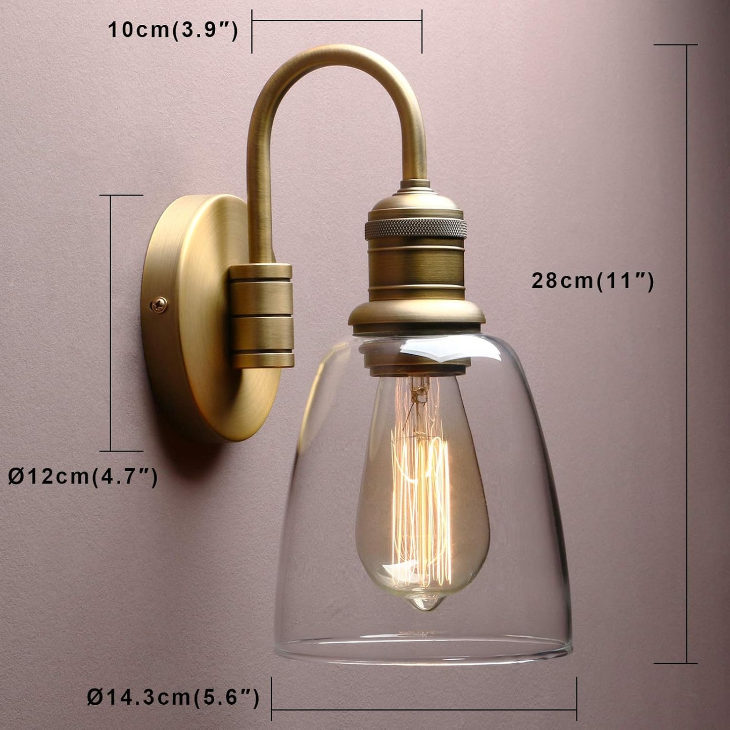Yosoan 1-Light Brass Modern Vintage Indoor Wall Sconce, Vanity Single Luxury Hardwired Retro Textured Clear Oval Cone Glass Shade with Industrial Gooseneck Curved Rod Bathroom Lamp(Antique)