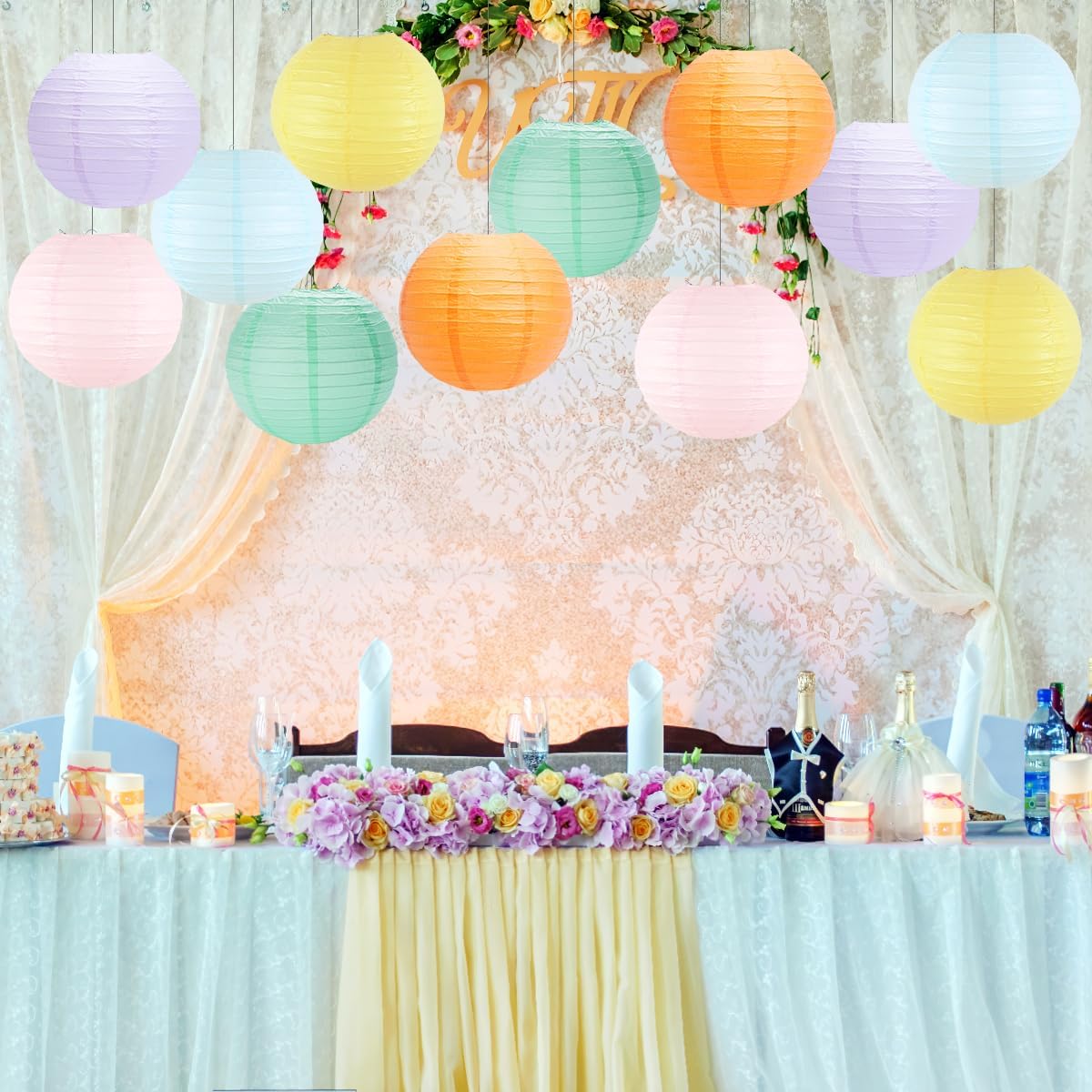Paper Lanterns Pastel Round Hanging Chinese Lanterns for Birthday Baby Shower Rainbow Easter Party Decorations Pack of 12