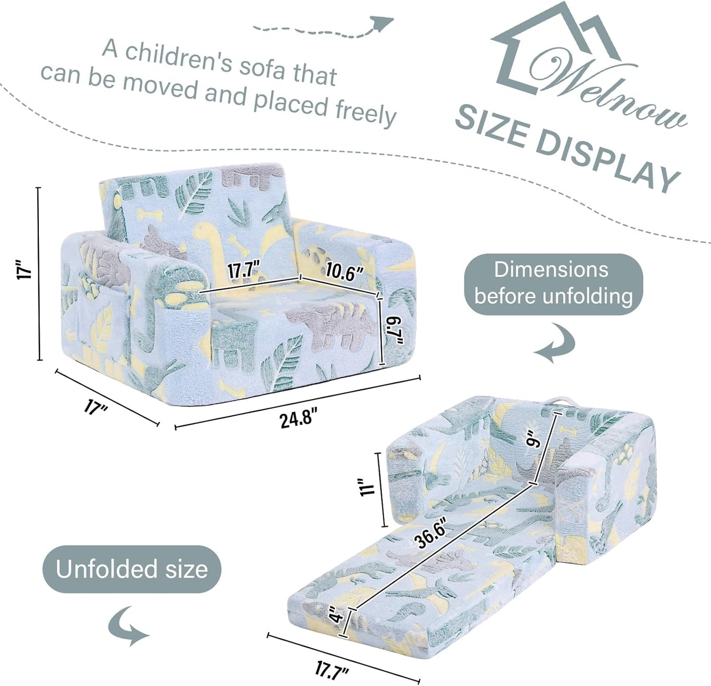 Welnow 2-in-1 Kids Sofa Chair, Glow in The Dark Convertible Toddler Chair Flip Out Children Sofa Folding Kids Play Sofa with Side Pockets & Removable Cover Armrest Chair for Girl or Boy