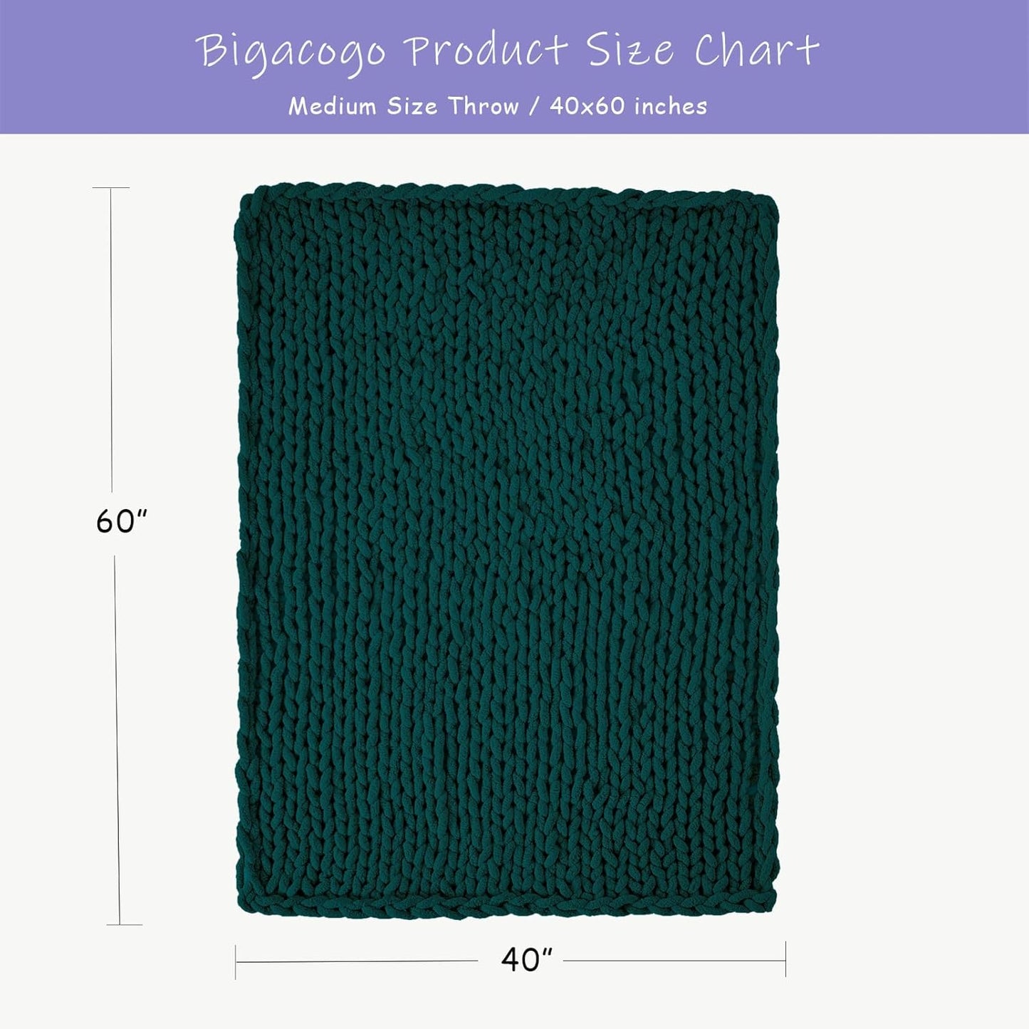 Bigacogo Chunky Knit Throw Blanket for Couch, 40x60 inches, 100% Hand Knitted with Thick Jumbo Chenille Yarn, Cozy Soft Large Rope Knot Cable Crochet Blankets for Sofa Bed Living Room, Dark Green