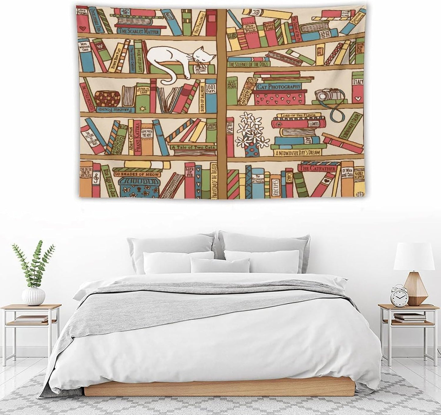 Kurtect Bookshelf Tapestry,Cute Cartoon Cat Sleeping Library Theme Pattern Print Tapestries for Party Beach Picnic Blankets Tablecloths Living Room Wall Deocr, 40x60 in