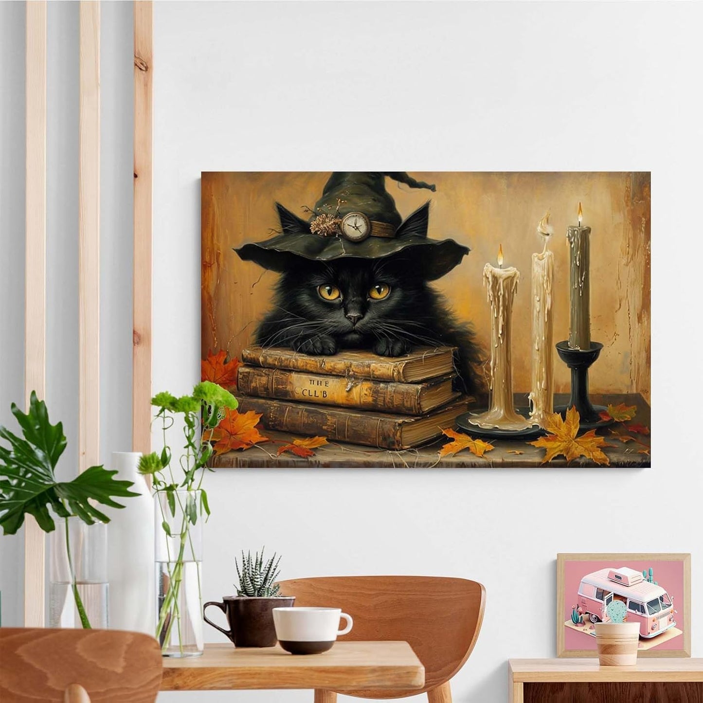 Vintage Halloween wall decoration black cat and magic book suitable for home bedroom living room decoration dark classic art witch wall decoration28x40in Wood Framed