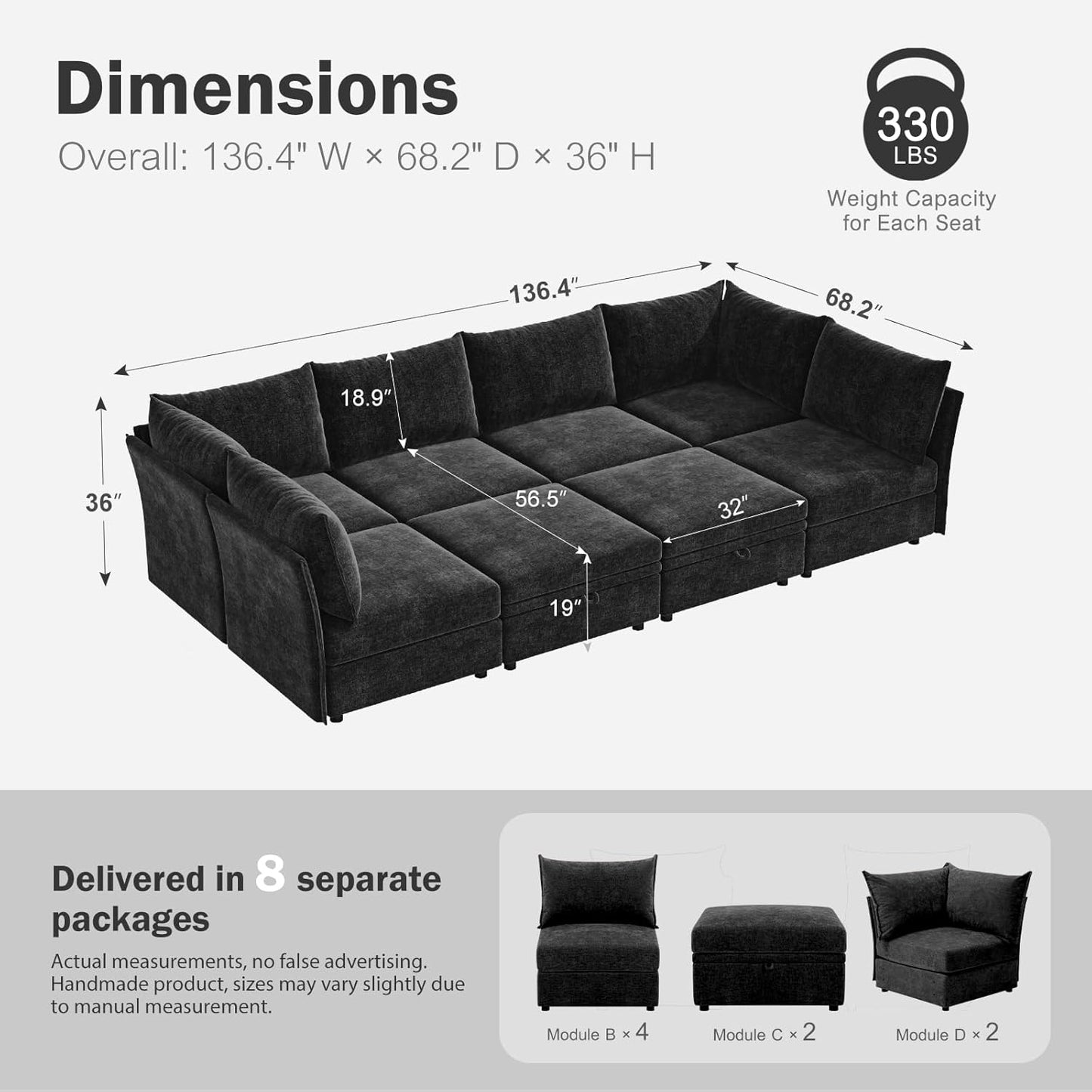 136.4" Oversized Modular Sectional Sleeper Sofa Bed, U Shaped Convertible Couch with Movable Ottoman, Large 8 Seat Corner Couches for Living Room Deep Seat Black Chenille