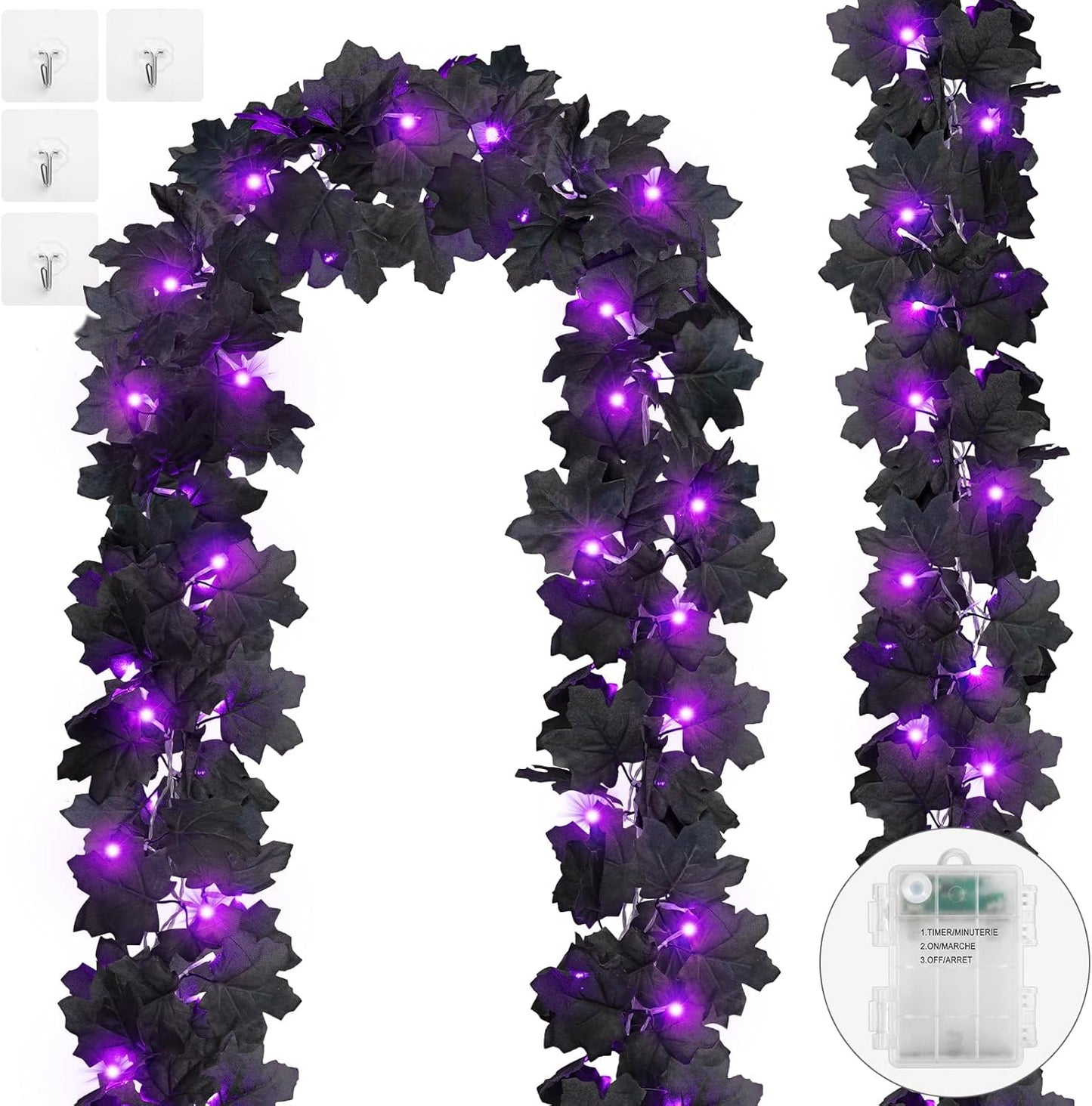 Ouddy Decor 2 Pack Lighted Black Garland Decorations, Total 20 Ft 60 Led Fall Lights Maple Leaves Battery Operated for Indoor Outdoor Thanksgiving Front Door Decor, Purple