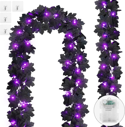 Ouddy Decor 2 Pack Lighted Black Garland Decorations, Total 20 Ft 60 Led Fall Lights Maple Leaves Battery Operated for Indoor Outdoor Thanksgiving Front Door Decor, Purple