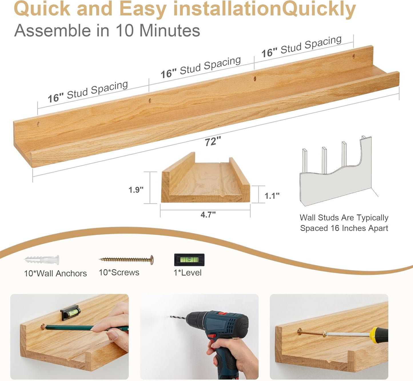 Floating Picture Ledge Shelves 72 Inch Solid Oak Wood Set of 2, Rustic Wall Storage Shelves with Lip, Kids Bookshelf, Photo & Picture Ledge Shelves for Bedroom, Living Room, Kitchen