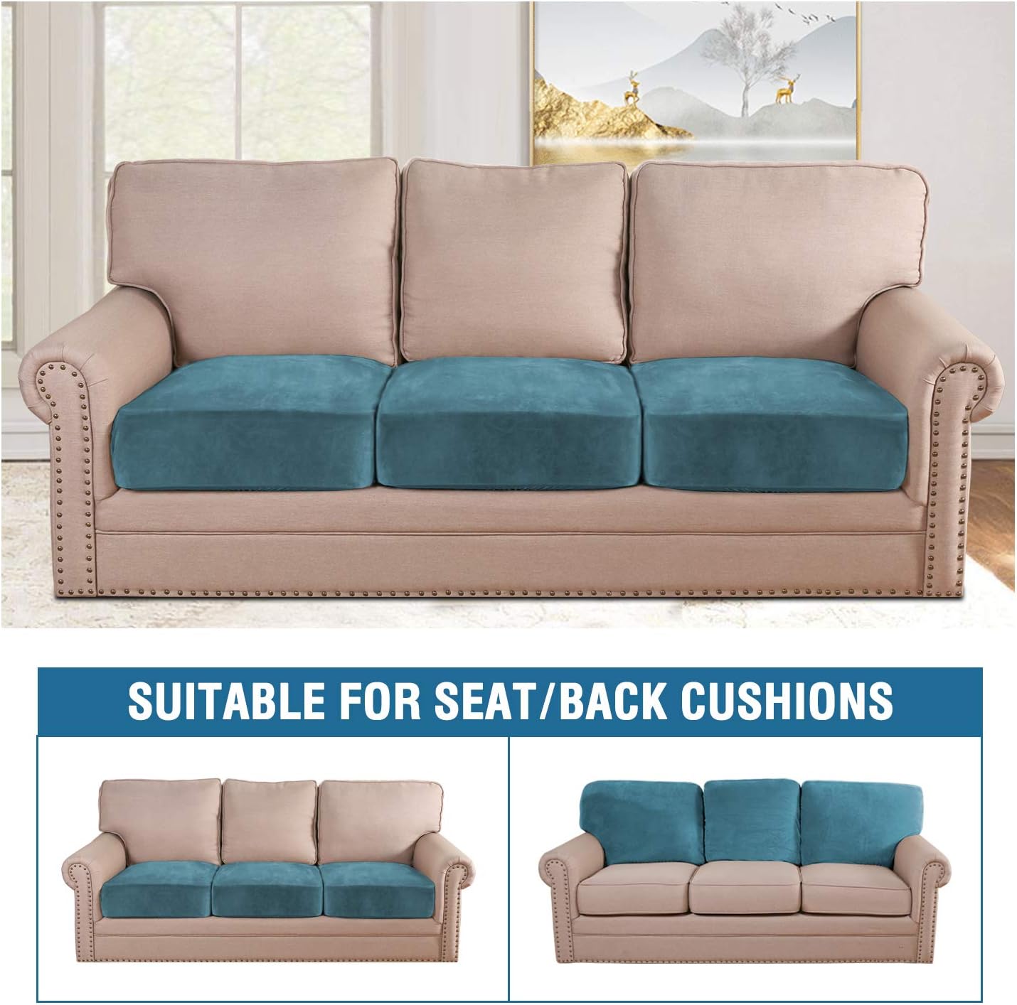 H.VERSAILTEX Velvet Stretch Couch Cushion Cover Plush Cushion Slipcover for Chair Loveseat Sofa Cushion Furniture Protector Seat Cushion Sofa Cover (3 Piece XL Sofa Cushion Covers, Peacock Blue)