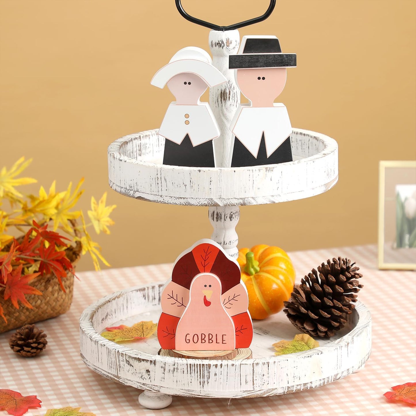 Amorita Fall Thanksgiving Decorations Wooden Turkey Pilgrim Couple Table Sign 3 Pcs Fall Thanksgiving Decor Standing Tabletop Sign Decor for Autumn Harvest - Z