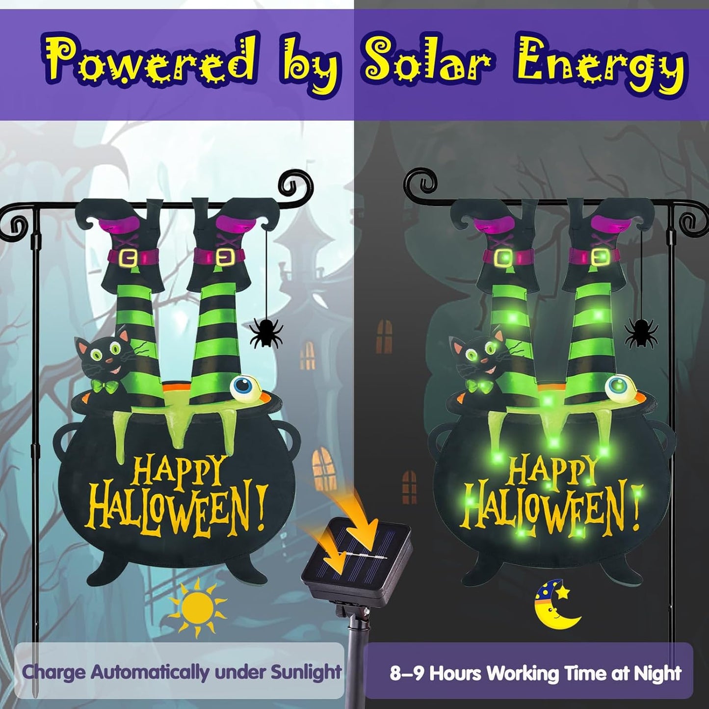 Halloween Lighted Garden Flag for Outside, Witch Feet Shape Flag Yard Decor, 8 Modes 12x18 Double Sided Cauldron Eyeball Black Cat Outdoor Hlloween Decorations for Home Porch