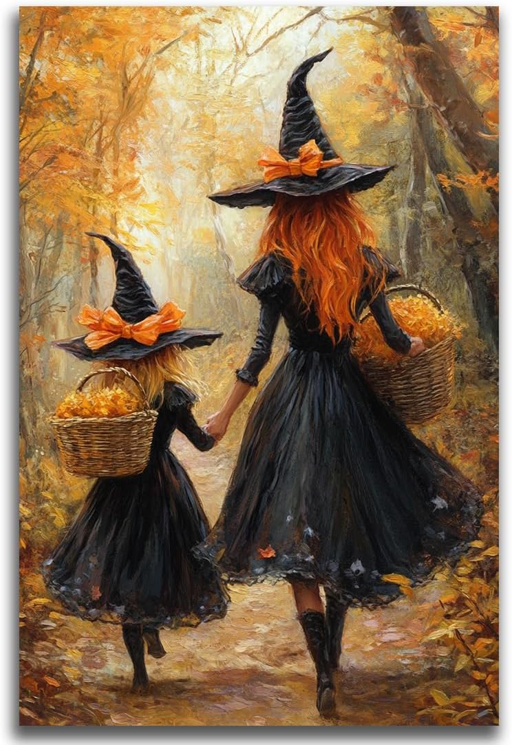 Mother Witch And Child Daughter Witch Wall Art,Halloween Autumn Woodland Forest Path Picture,Family Room Nursery Playroom Kids Room Decor,20"x30" Unframed