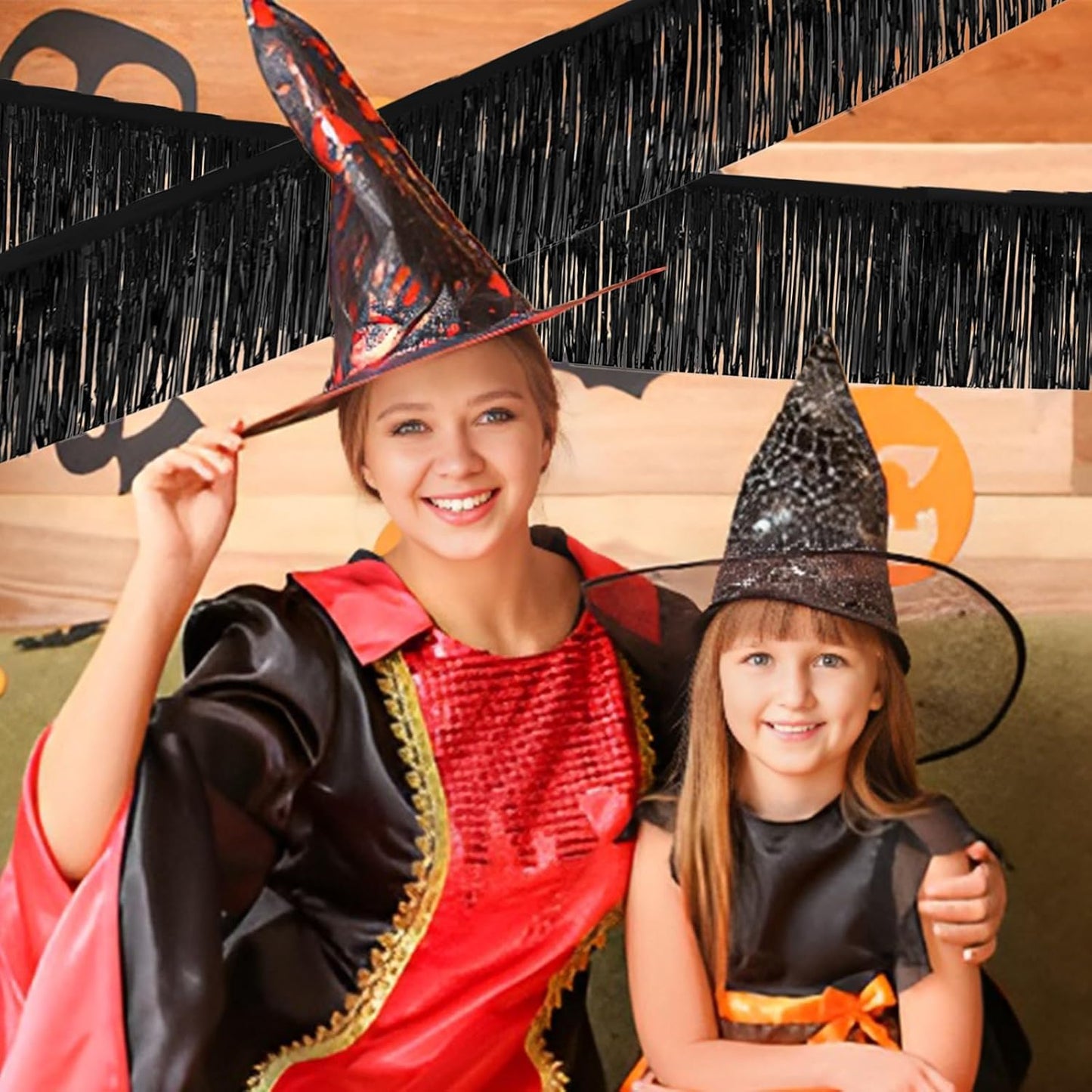 Black Foil Fringe Garland 10FT 6packs, Metallic Foil Tinsel Fringe Banners for Parade Float Decorations Wedding, Birthday Party Graduation (six Black)