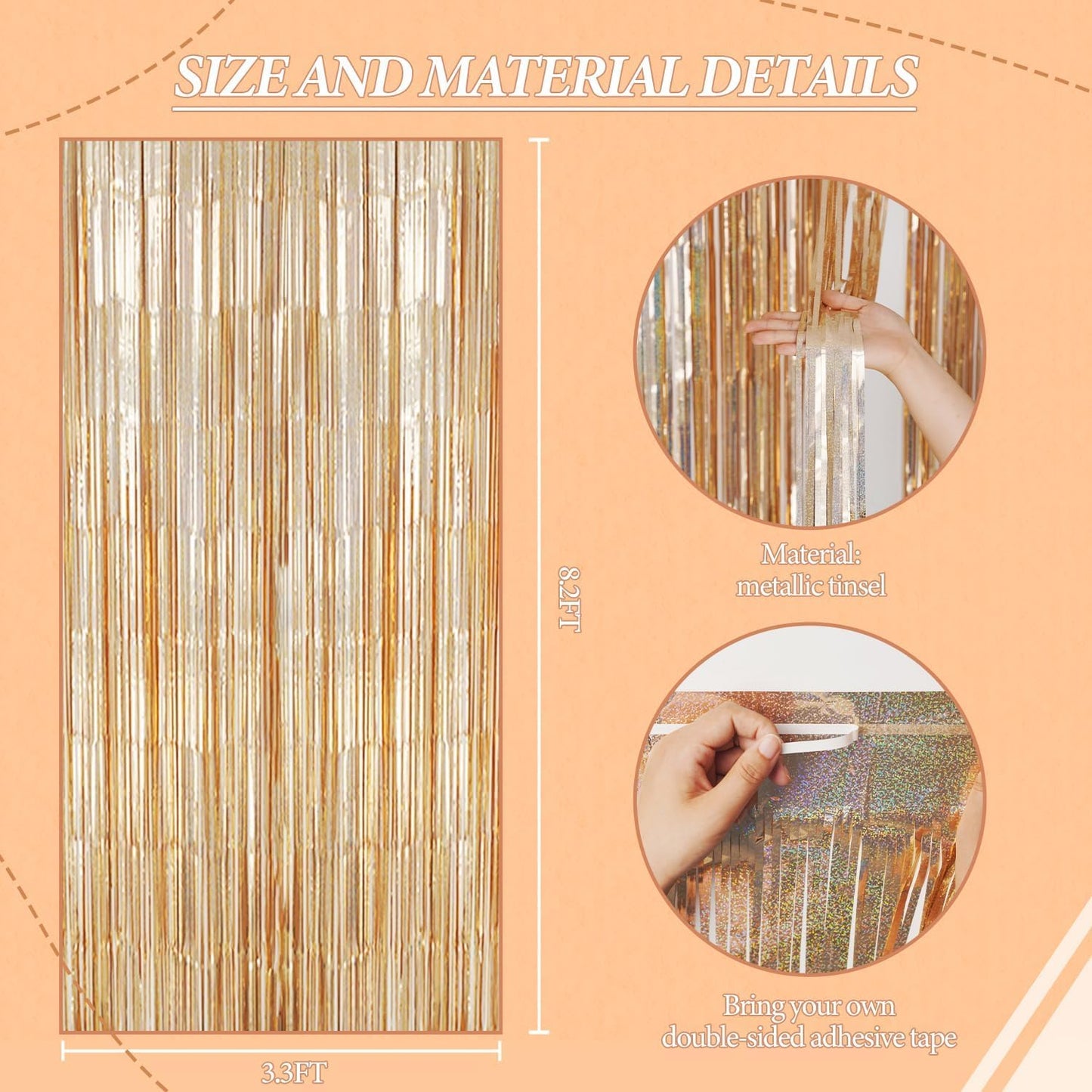 3 Pack Foil Fringe Backdrop - Laser Champagne Shiny Tinsel Curtains for Party Decoration/Photo Booth Props - 3.3x8.2 FT Metallic Foil Backdrop for Birthday, Wedding, Graduation, Christmas.