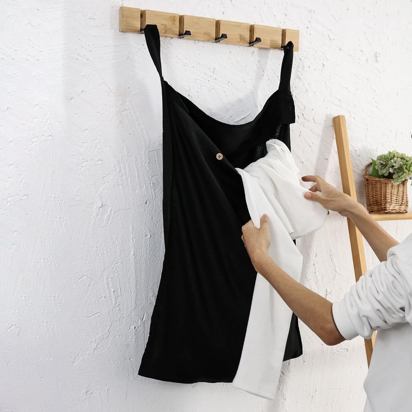 Linen Hanging Laundry Bag, 100% Linen Over The Door Laundry Hamper with Buttons and Zipper, Space Saving Door Hampers for Laundry Dirty Clothes Home Travel, Black