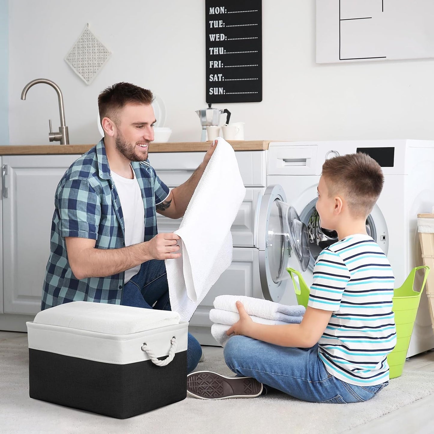 TheWarmHome Organization and Storage Basket for Organizing - Jumbo 3 Pack 17.7x13.8x9.7 inch Fabric Storage Cubes for Closet Gifts Organizer Empty Book (White & Black)