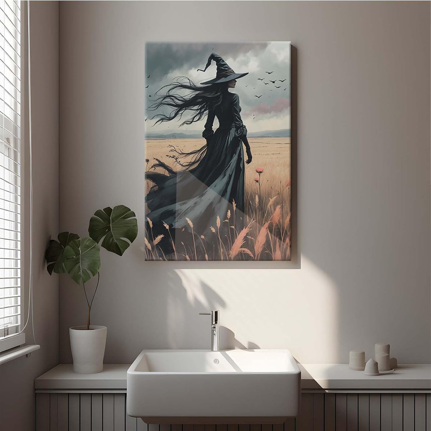 JFHCQJPK Gothic Decor Canvas Wall Art Witch in Rice Field Halloween Art Decor Print Nature Print Victorian Home Bedroom32x48in Frameless
