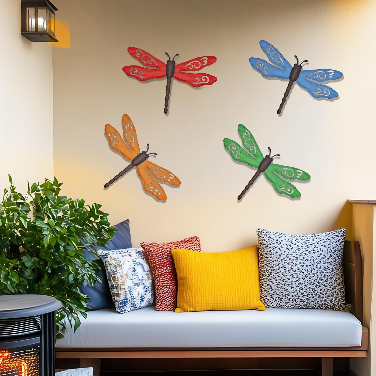 Metal Dragonfly Wall Decor, 4 Pack 14inch Retro Metal Dragonfly Wall Hanging Sculpture Decor for Outdoor, Yard Patio Fence Garden Outside Decorations