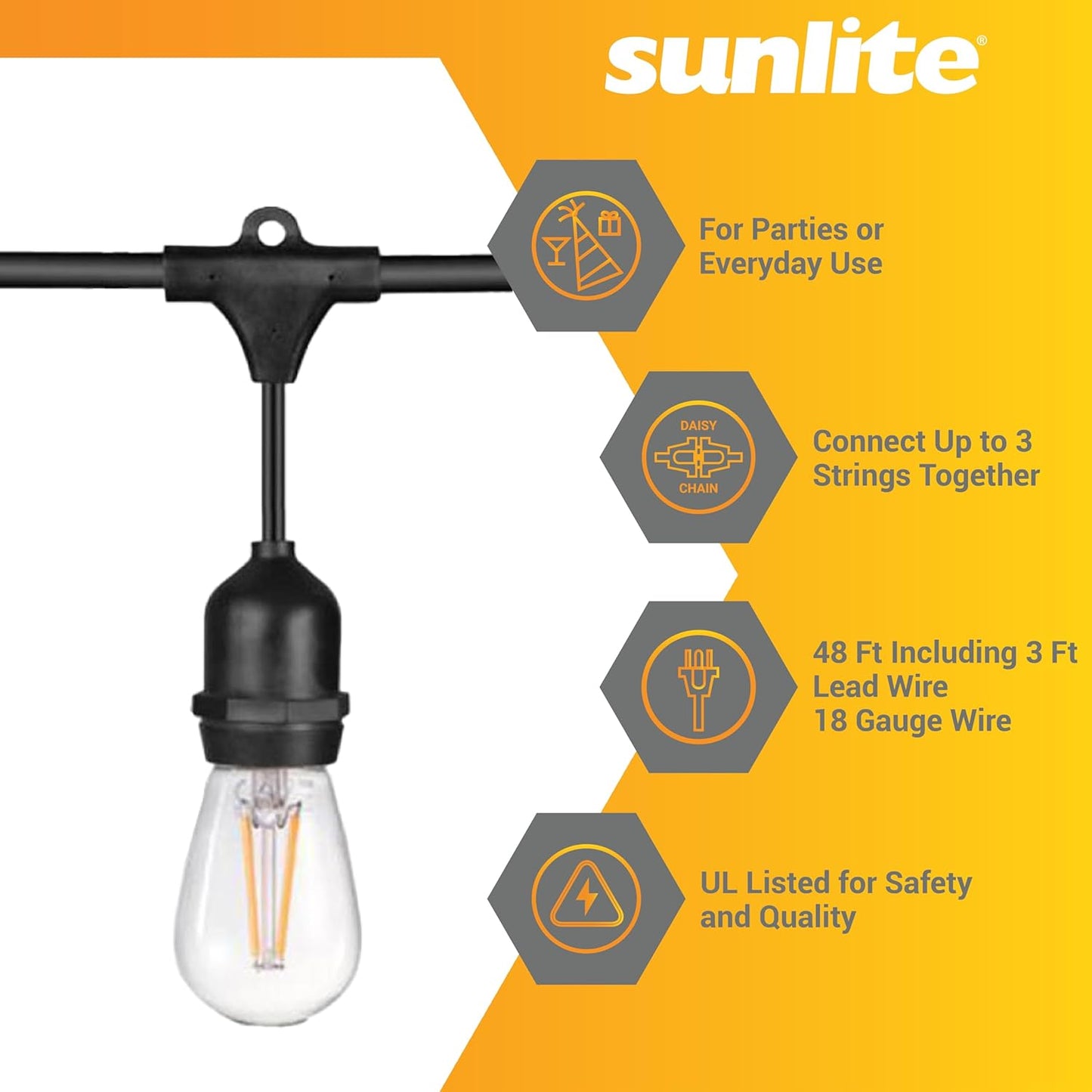 Sunlite 48ft Outdoor String Lights, 1.5W Commercial Grade, Waterproof, Linkable Strands, UL Listed, 15 Hanging Sockets, Shatterproof LED Edison Bulbs Included, 2700K Soft White