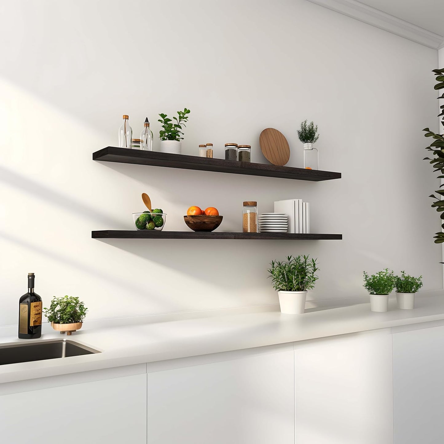 Wood Floating Shelves for Wall Decor, Rustic Wall Shelves for Bedroom Bathroom Kitchen Living Room, Set of 4 Walnut 48 Inch