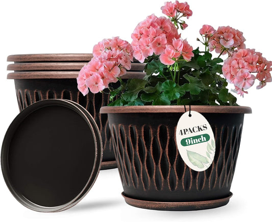4 Pack 9 Inch Retro Plant Pots, Vintage Striped Flower Pots with Drainage Hole & Saucer, Large Plastic Planters for Indoor and Outdoor Plants, Decorative Garden Pots(Copper)