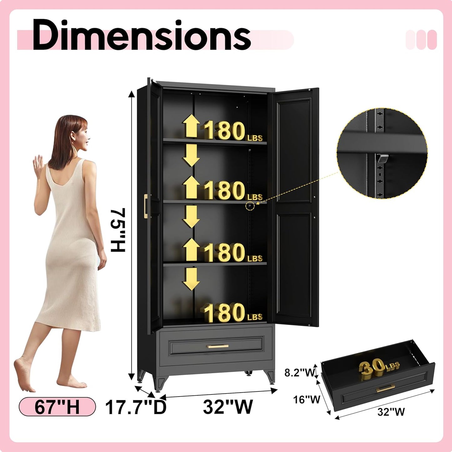 Pantry Kitchen Cabinet with Drawer, 75" Tall Pantry Storage Cabinet, Metal Storage Cabinets with Doors and Shelves, Large Freestanding Cupboard for Dining Room, Assembly Required, Black