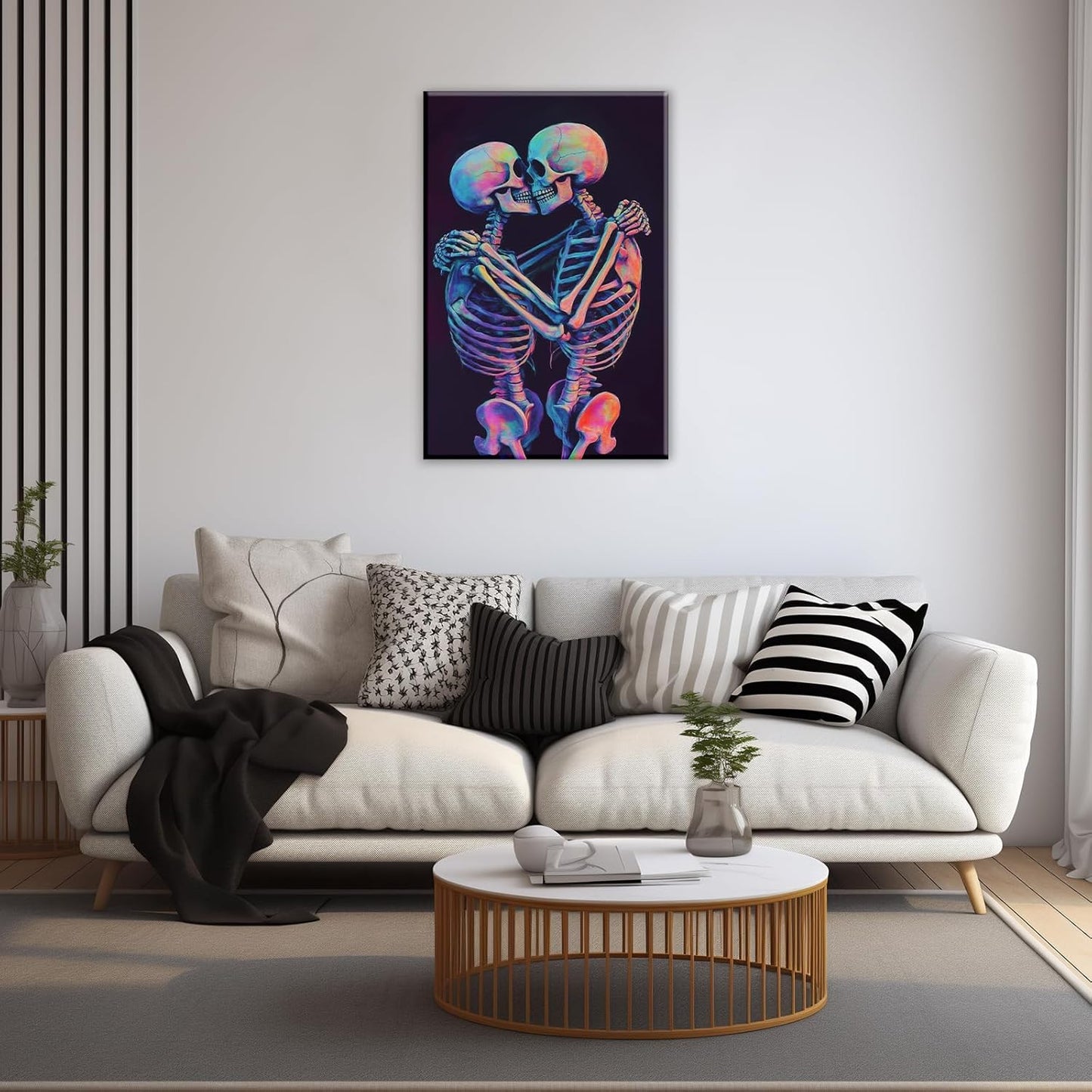 Skeleton Wall Art Kissing Skull Art Poster Skeleton Lover Picture Print On Canvas Abstract Horrible Theme Painting Framed Artwork Living Room Decor(Artwork-3,24"x36")
